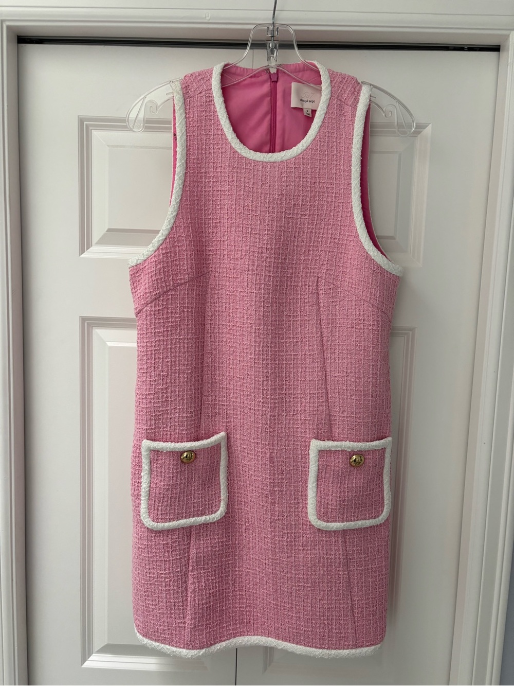 cinq a sept Pink Tweed Shift Dress with White Trim and Pocket Buttons